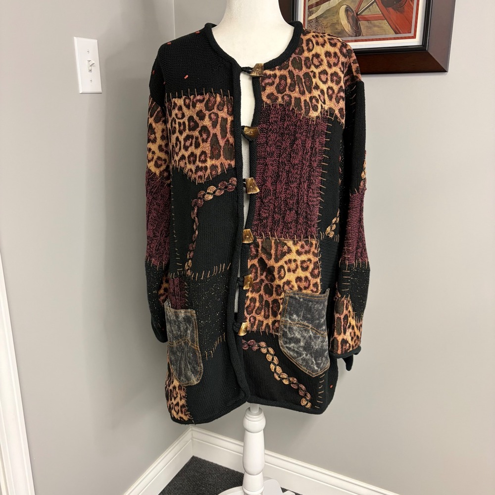 Sandy Starkman Vintage Patchwork Cardigan Leopard Print Cotton Sweater 1X Black